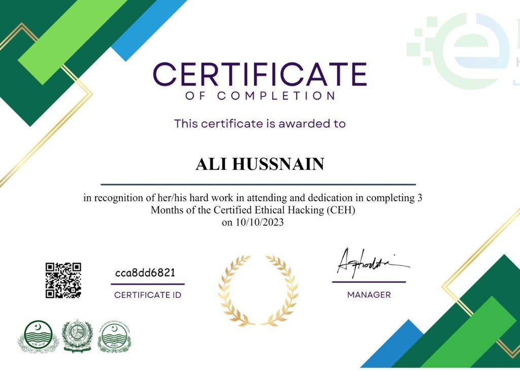 CEH Certificate of Completion for Ali Hussnain