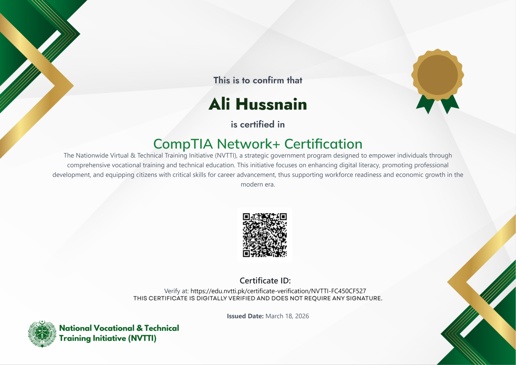 CompTIA Network+ certificate for Ali Hussnain