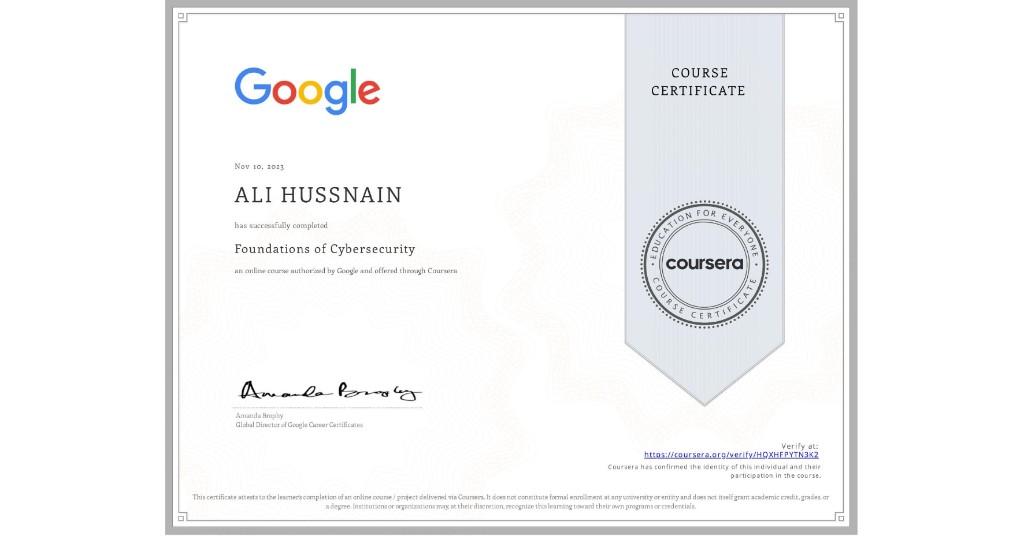 Google Foundations of Cybersecurity certificate for Ali Hussnain
