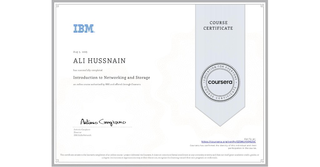 IBM Introduction to Networking and Storage certificate for Ali Hussnain