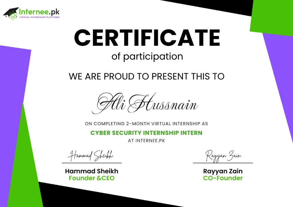 Internee.pk Cyber Security Internship certificate for Ali Hussnain